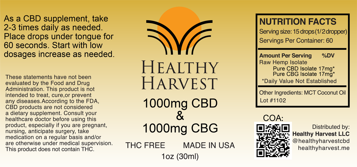 1000mg CBD & 1000mg CBG Oil Tincture